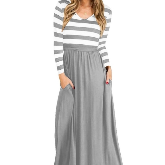gray and white striped maxi dress